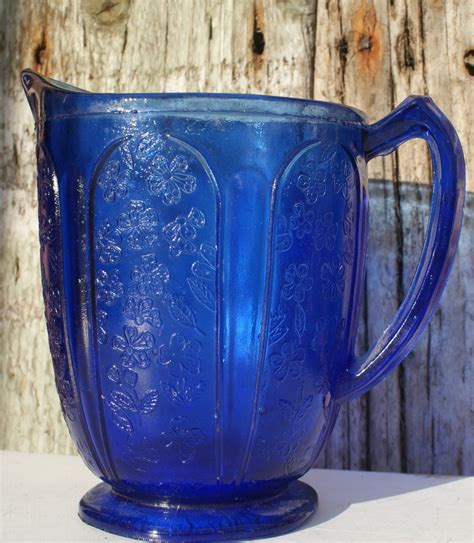 Cobalt Blue Pressed Glass Water Pitcher Vintage Water