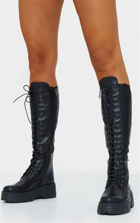 black knee high lace  chunky boots prettylittlething usa