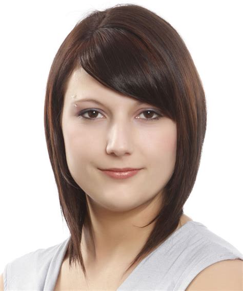 medium straight dark mocha brunette bob haircut with side swept bangs