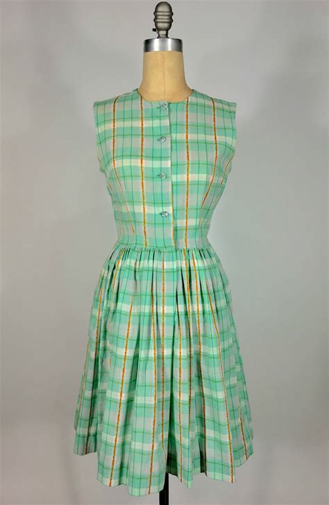 vintage early 60 s 1960s spring pastel green plaid cotton dress w clear