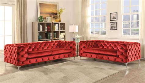 adam red velvet button tufted sofa set luchy amor furniture