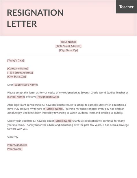 resignation letter examples   teacher sample resignation letter