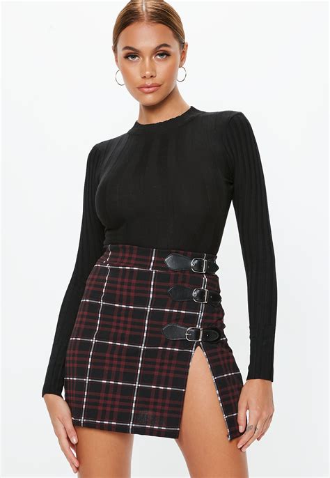 lyst missguided burgundy checked buckle strap mini skirt