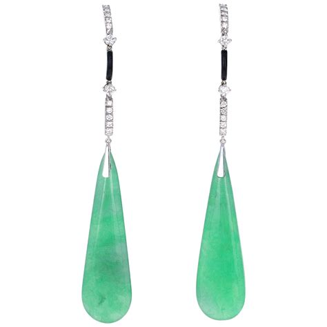 these deco inspired chrysoprase diamond and black jade long dangle