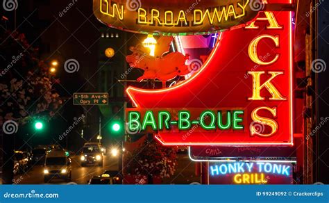 neon signs  night  broadway street  nashville tennessee editorial photography image
