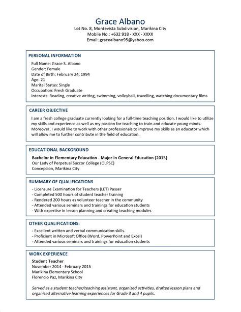 sample resume  job fresh graduate  samples examples format