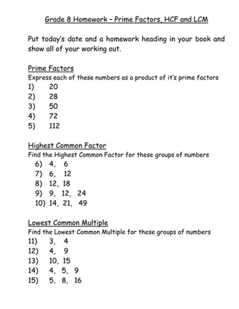 highest common factor lowest common multiple worksheet tes