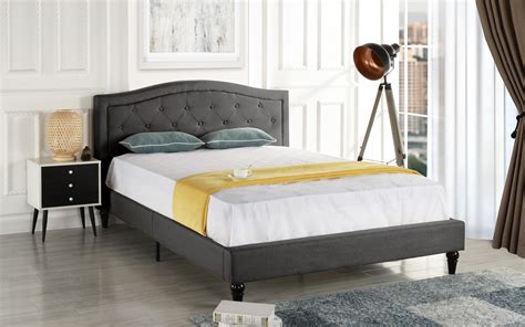 classic box tufted fabric bed frame  tall headboard grey full