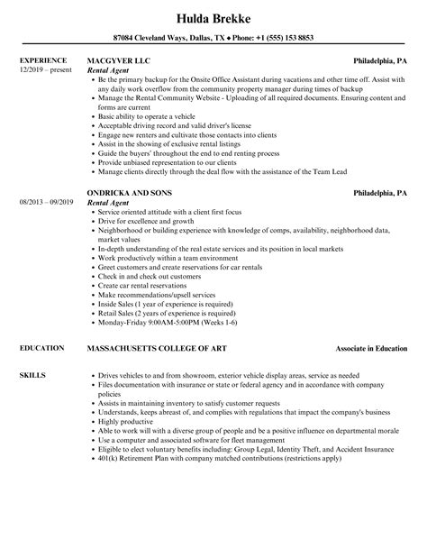 rental agent resume samples velvet jobs