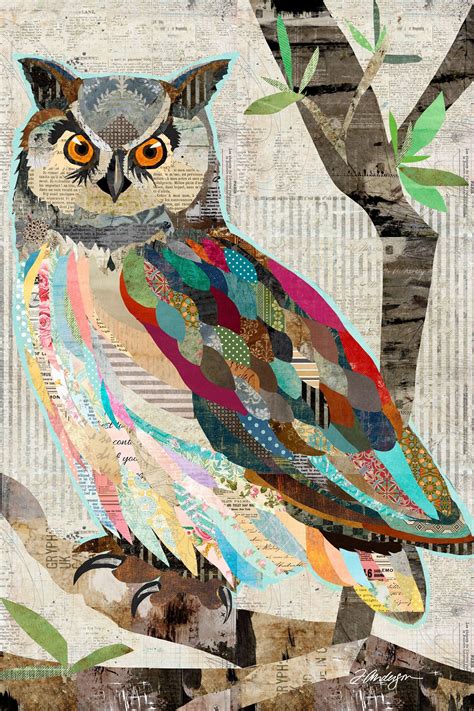 colorful owl collage art  vintage rustic style wall decor print