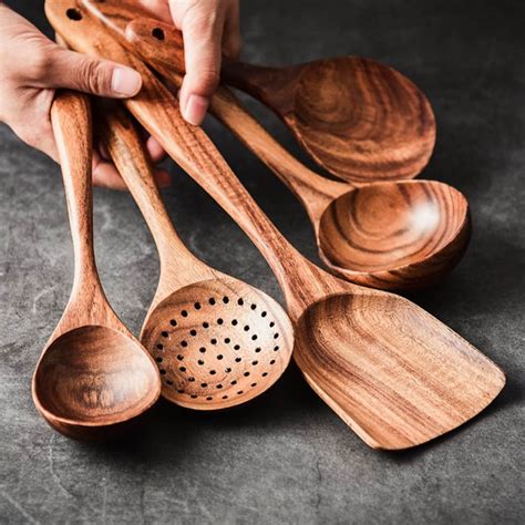 pieces teak wooden kitchen utensil set handmade nonstick etsy