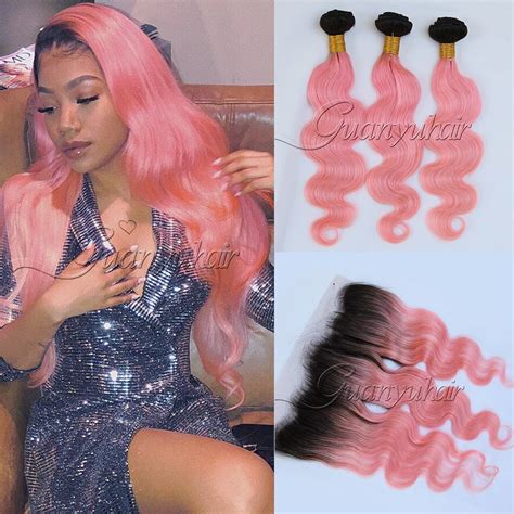 guanyuhair 1b pink ombre 3 bundles with 13x4 lace frontal closure ear to ear peruvian body wave