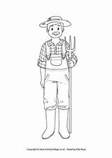 Colouring Farmer Pages Farm People Help Who Kids Village Activity Sheet Pitchfork Activityvillage Explore sketch template