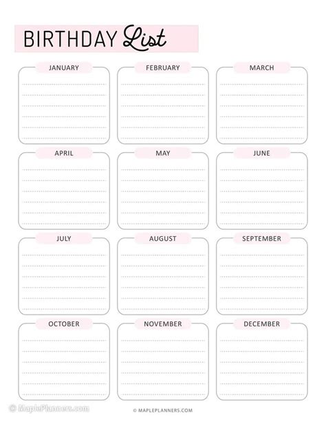 printable birthday list templates birthday tracker