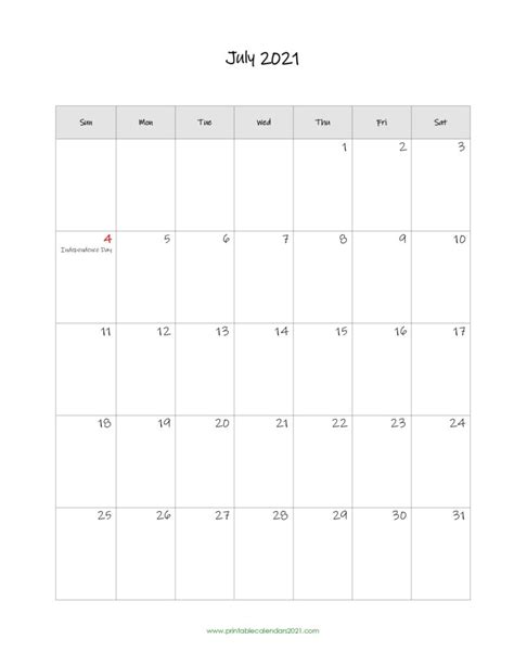 Printable Calendar July 2021 Printable 2021 Calendar With Holidays