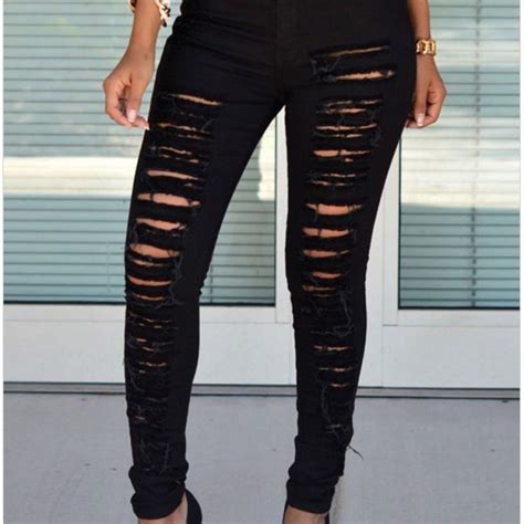 high quality women high waist black ripped skinny jeans online store