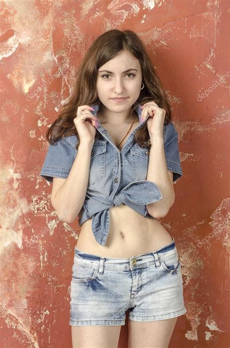cheerful young teen girl  denim shorts stock photo  crogkoff