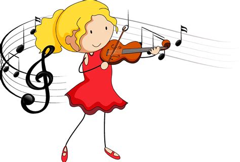 cartoon doodle  girl playing violin  melody symbols  vector