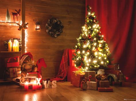 indoor night christmas tree decorated vinyl photography backdrops gift box  bear photo