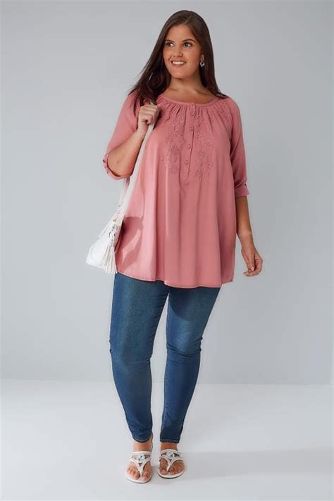 Dusky Pink Button Up Gypsy Blouse With Embroidery Detail