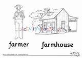 Farmhouse Farmer Colouring Activity Pages Farm Village Explore sketch template