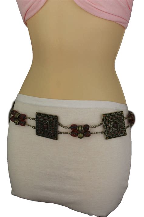 women tie belt hip waist brown beads antique gold metal plate fashion xs   walmartcom