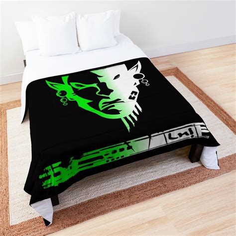 bed   black  green comforter  top      white rug