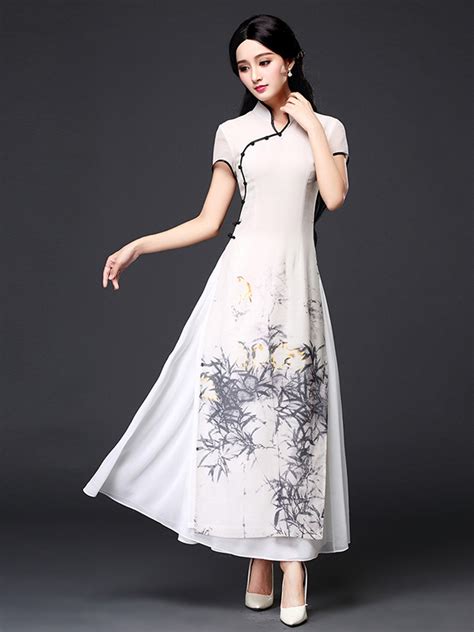 Chinese Painting Floral Printed Silk Linen Short Sleeve Ao