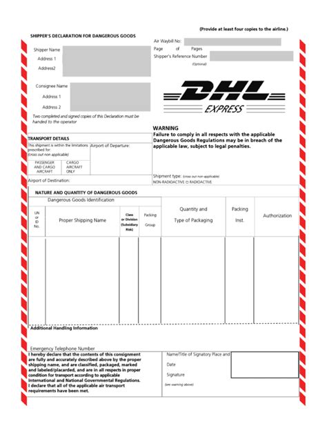 dhl dg form fill  printable fillable blank  dangerous goods note template word