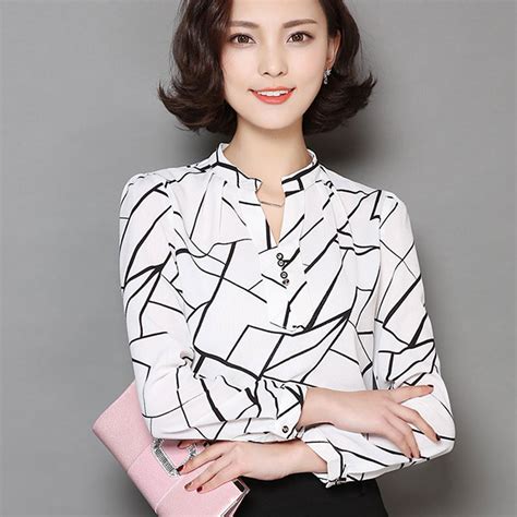 formal elegant black  white printed chiffon shirt women tops
