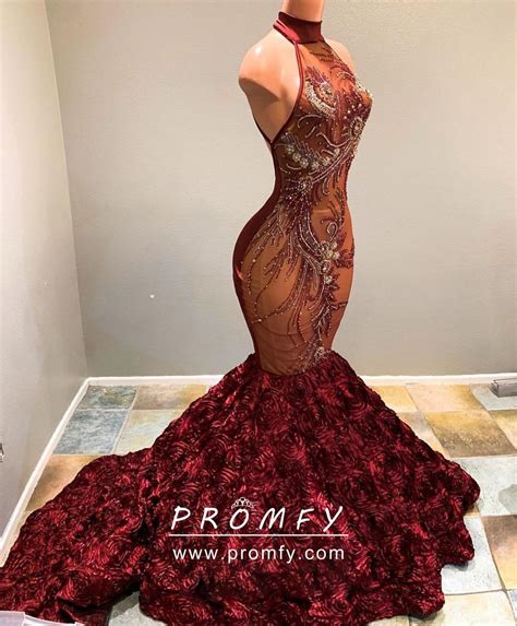 delicate beaded maroon  rosette halter prom dress   black girl prom dresses prom girl