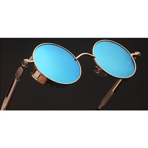 060 c2 steampunk gothic sunglasses metal round circle gold frame blue