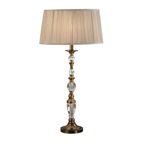 Antique Brass Tall Table Lamp With Crystal And Beige Pleated Shade