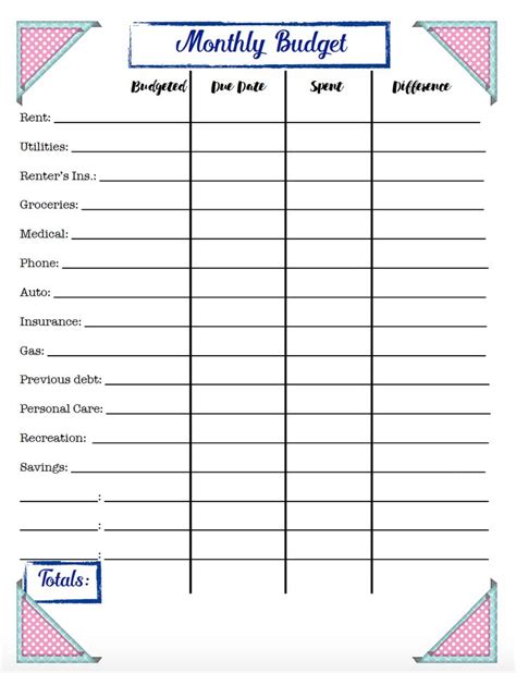 budgeting printables expenses goals monthly budget