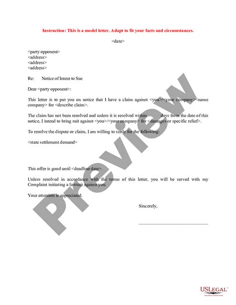 sample letter  intent  sue  settlement demand demand letter