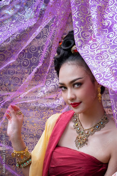 Beautiful Thai Girl In Traditional Dress Costume In Choeng Tha As Thai