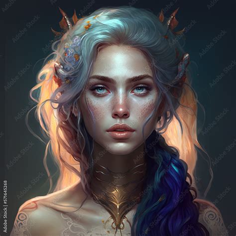 realistic portrait of a girl with blue hair and a crown featuring a