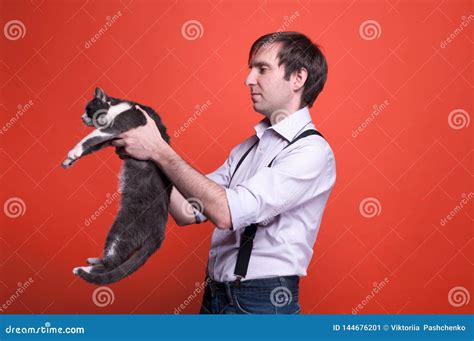 man in shirt holding gray cat on outstretched arms stock image image
