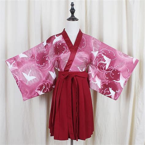 Japanese Kimono Yukata Version Red Crane Outwear Tops Red Pleated