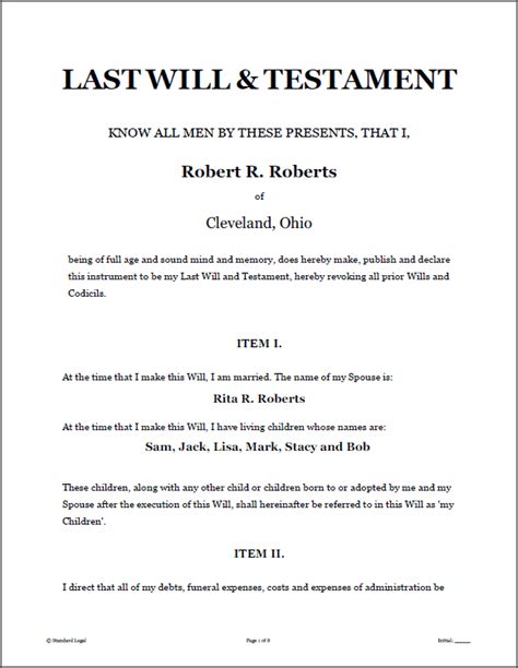 sample last will and testament of form 8ws templates and forms last will and testament last
