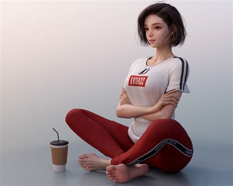 women asian short hair brunette cgi artstation cup looking away