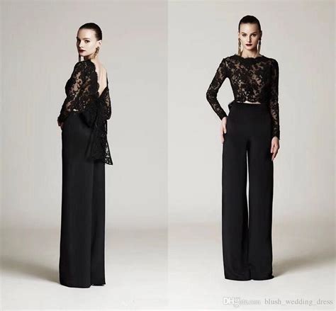 pieces black lace top formal pant suits  big bow long sleeves arabic evening gowns