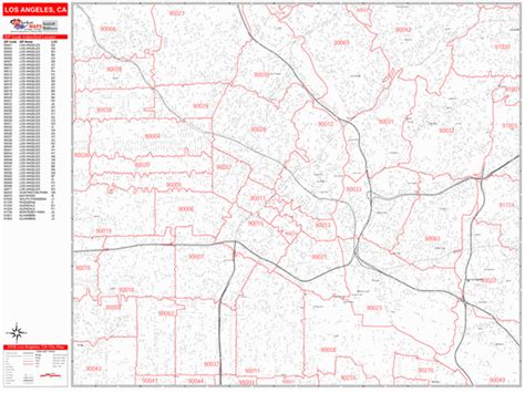 Los Angeles California Zip Code Wall Map Red Line Style