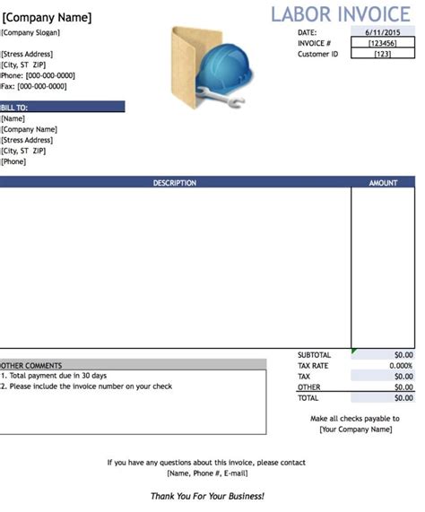 general labor invoice spreadsheet templates  busines labor receipt