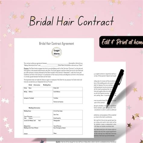 bridal hair contract template wedding contract agreement etsy