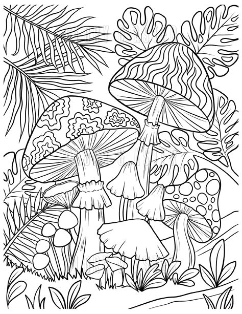 mushroom forest coloring page printable adult coloring page etsy