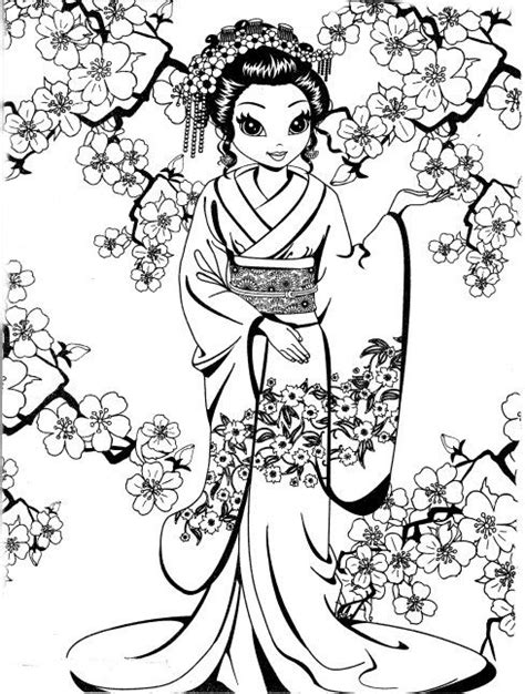 pretty geisha coloring page coloring pages  adults pinterest