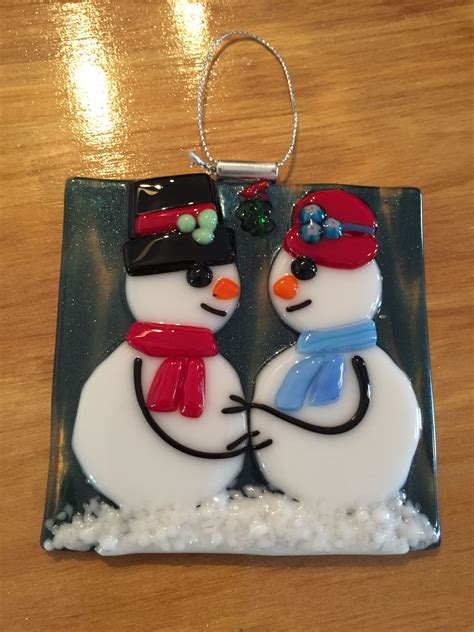 Work By Annie Dotzauer Hugging Snowman Ornament Fused Glass