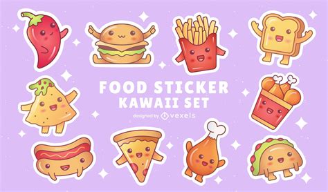 fast food cute kawaii sticker set vector