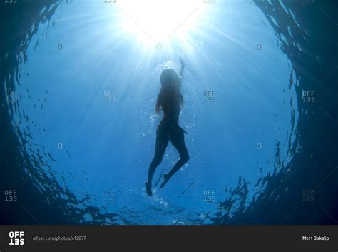 underwater view  woman swimming   oceans blue water stock photo offset